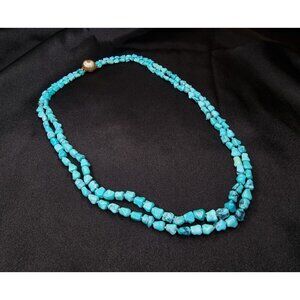 Vintage 14K Solid Gold Genuine Turquoise Two-Strand Necklace With Shell Clasp